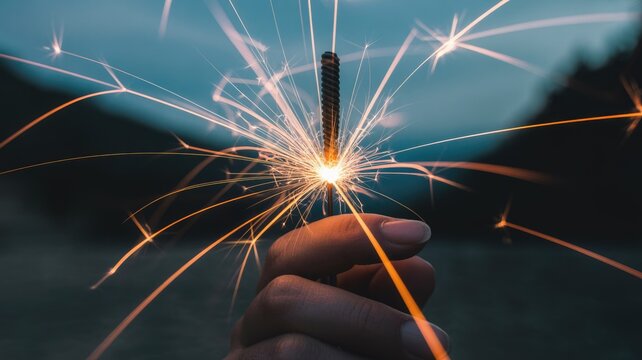 A person's hand firmly grips a lit sparkler, brilliantly illuminating the twilight with a dazzling burst of golden sparks, creating a festive and mesmerizing display.