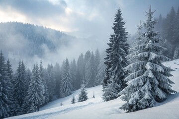 Beautiful winter landscape with snowy fir trees and fog.