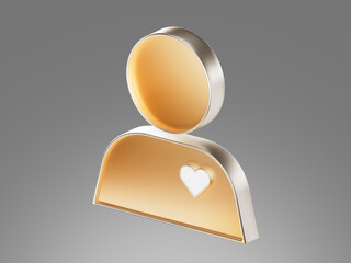 3D icon of a user profile with a small heart on the chest, representing favorite user, customer loyalty, and personal account features in apps or websites.
