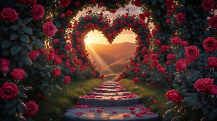 Romantic Rose Garden Pathway to a Heart-Shaped Archway with Sunset View