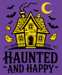 Haunted house with ghosts and bats at night