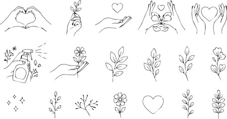 Collection of handdrawn icons and elements related to love, nature, and selfcare