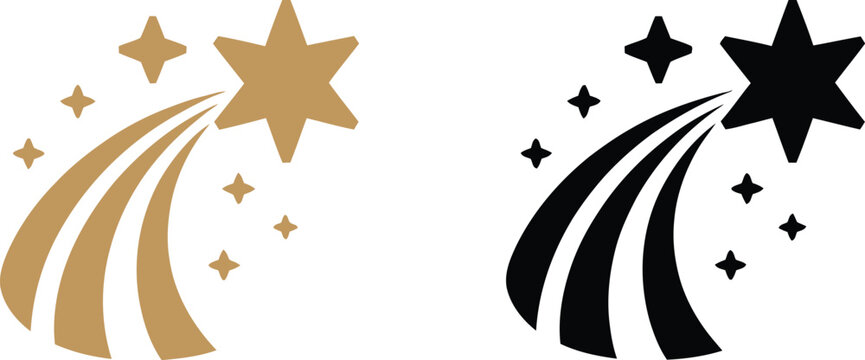 Set of shooting star icons in gold and black. Each design shows a large star with a curved trail of three parallel lines, symbolizing success, achievement, and dreams