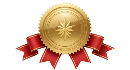 Golden seal with red ribbon on white background