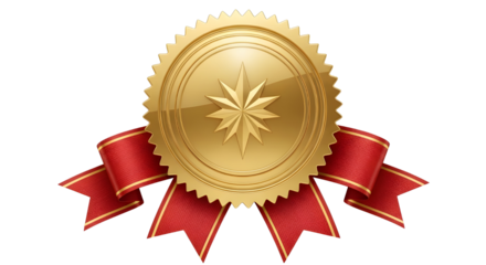 Golden seal with red ribbon on white background