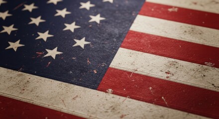 Closeup of a distressed american flag, showing the stars and stripes with a vintage, weathered texture, evoking a sense of history and patriotism