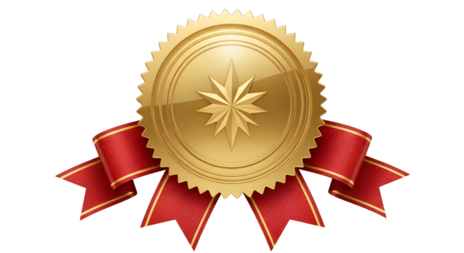 Golden seal with red ribbon on white background