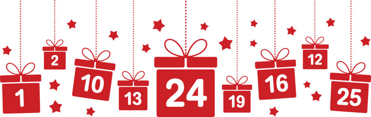 A festive Christmas advent calendar made of hanging red gift boxes with numbers from one to twenty-five, counting down the days until the holiday