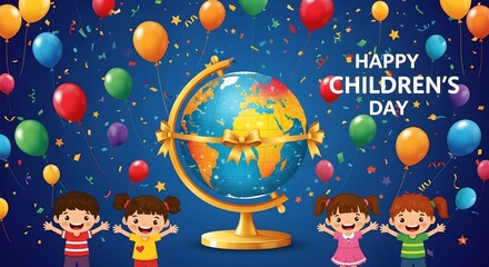 Joyful children celebrate global holiday with balloons and confetti.