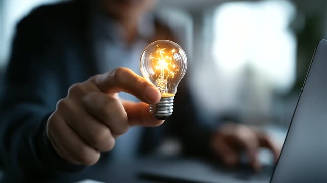 Business hand pointing at video analytics with lightbulb engagement insight creative performance optimization digital video strategy view counts and metrics laptop defocused