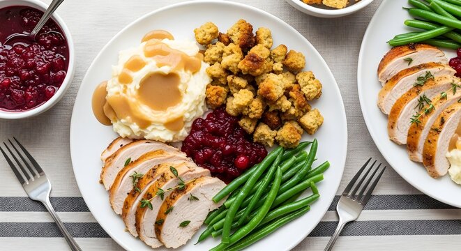 Delicious holiday dinner plate with sliced turkey, mashed potatoes, stuffing, cranberry sauce, and green beans