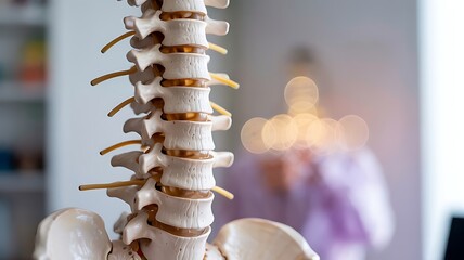 Close up detailed view of a human spine model showing vertebrae discs and spinal cord anatomy in a medical setting