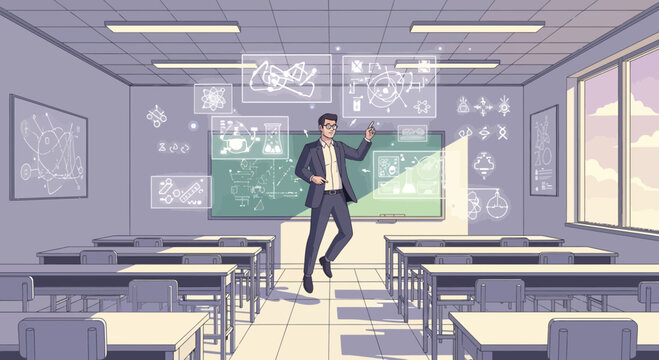 An energetic teacher presenting interactive science concepts in a modern classroom environment