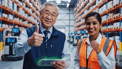 Warehouse Professionals Celebrate Success with Digital Technology and Thumbs Up Gesture - Powered by Adobe
