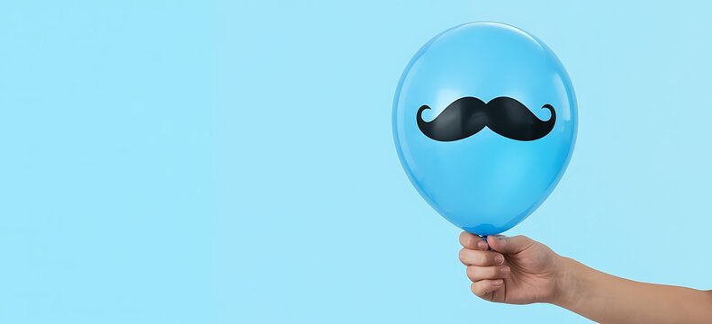 Hand holding a bright blue balloon with a black mustache design against a solid light blue background celebrating fathers day or a masculine theme