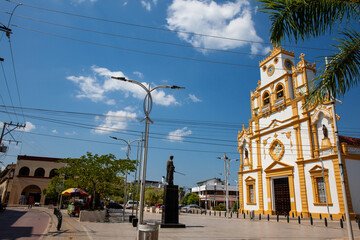 View of the Simon Bolivar Park and the beautiful historical Cathedral of Santa Cruz de Lorica a cultural symbol founded in 1700.