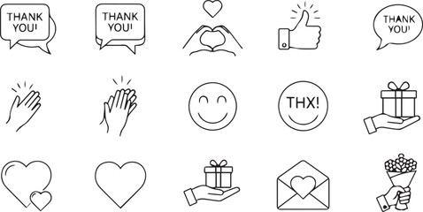 Collection of handdrawn icons for expressing gratitude and positive emotions