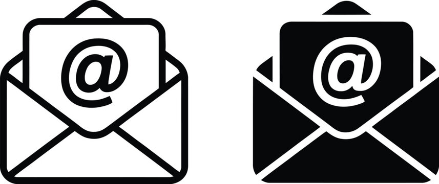 Vector illustration of a modern email icon featuring an open envelope with an at symbol, signifying digital correspondence, communication, and contact information for web and app designs