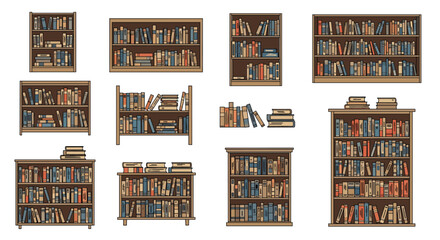Collection of pixel art bookshelves filled with books.