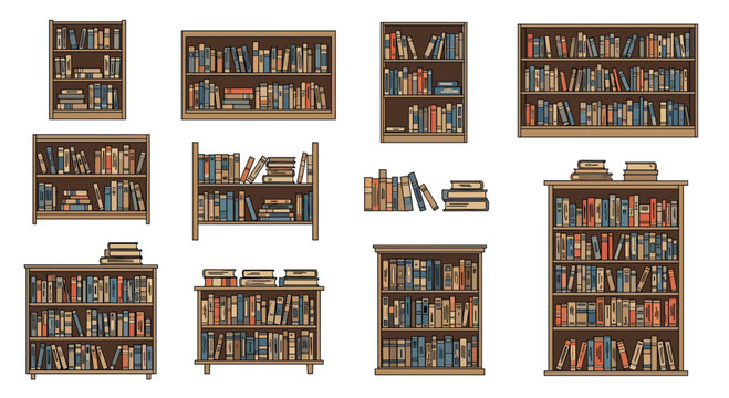 Collection of pixel art bookshelves filled with books.