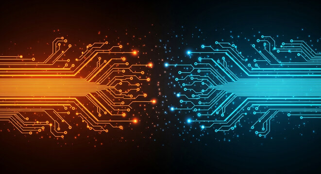 Orange and blue circuit board design with glowing nodes on a dark background and small light particles