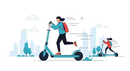 People riding electric scooters through a futuristic city skyline illustration.