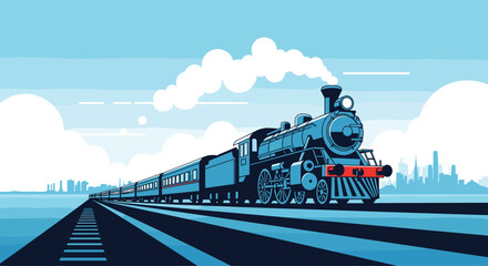 A vintage steam train travels across a landscape under a cloudy sky.