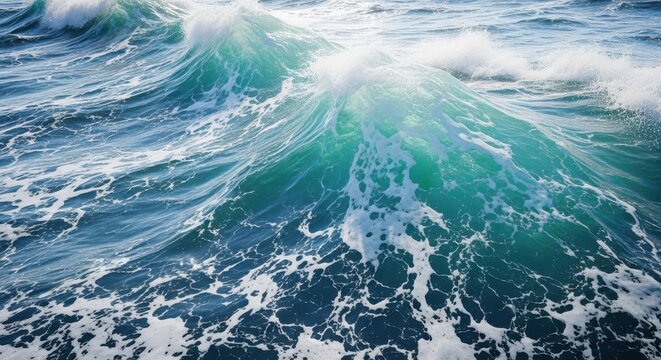 Dynamic ocean wave with turquoise and deep blue hues, captured in motion with foamy white crests and turbulent water, conveying power and the vastness of the sea