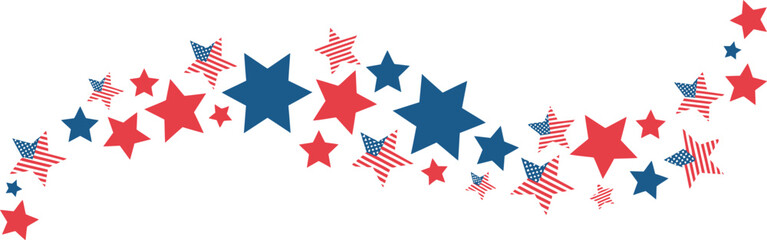 A festive wave of red, white, and blue stars, featuring various sizes and American flag patterns, creating a patriotic and celebratory design element