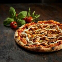 Deliciously crafted chicken pizza with fresh tomatoes and basil garnish on a dark rustic background perfect for food blogs and menus