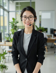 &ldquo;Elegant Female Customer Care Executive Wearing Headset and Formal Black Blazer Standing in Bright Naturally-Lit Office, Confident Support Representative Delivering Client Communication Assistance&rdquo;