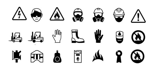 Collection of black and white safety warning icons and symbols representing workplace hazards and personal protective equipment for industrial environments
