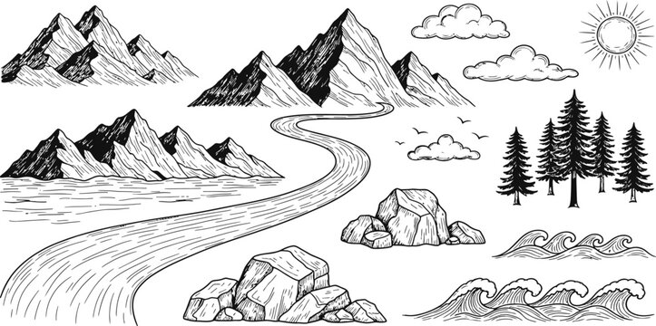 Hand drawn sketch of a winding river flowing through a majestic mountain landscape with pine trees and clouds