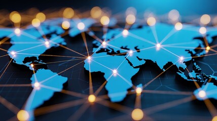 Abstract digital representation of a glowing blue world map with interconnected glowing nodes symbolizing global network connections and data flow