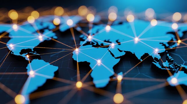 Abstract digital representation of a glowing blue world map with interconnected glowing nodes symbolizing global network connections and data flow