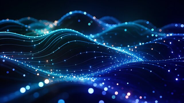 Abstract digital landscape with glowing blue and teal light trails and particles on a dark background