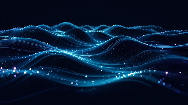 Abstract flowing waves of glowing blue light particles creating a futuristic digital landscape with depth and motion - Powered by Adobe