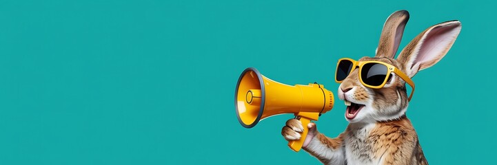 A funny rabbit wearing sunglasses holding a yellow megaphone and shouting loudly against a bright teal background announcing something exciting