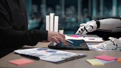 A futuristic office setting where AI-driven assistants enhance market research and business planning, illustrating the increasing role of automation in decision-making. Noogenesis AI