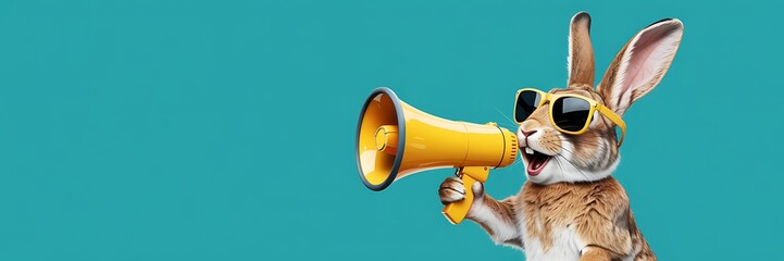 Funny rabbit wearing sunglasses shouting through a megaphone announcing something important on a teal background