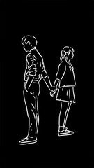 Couple of teenagers in love on a date stand holding hands