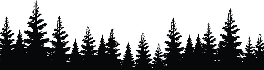 Obraz premium Silhouette of coniferous trees against a white background, featuring various sizes and densities of pine and spruce trees