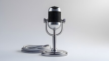 Elegant Metallic Microphone with Black Mesh Grille on White Background