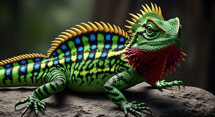 Obraz premium Vibrant Green Reptile with Striking Blue and Yellow Markings Resting on a Rock, a Colorful Lizard in Its Natural Jungle Habitat Showcasing Intricate Scales and Spiky Crest