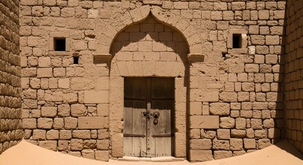 Ancient Stone Gateway with Double Wooden Doors in a Sandy Environment