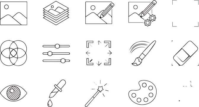 Collection of graphic design and editing icons, including image manipulation, color selection, and creative tools