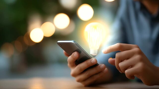 Business hand touching mobile analytics dashboard with lightbulb growth opportunity creative app optimization digital engagement strategy metrics floating face defocused with