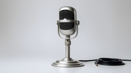 Retro Silver Vocal Microphone with Coiled Cord and Circular Base
