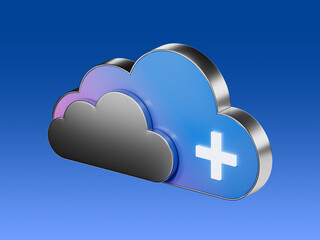 3D icon of a metallic, digital and blue cloud with a plus sign, symbolizing cloud storage expansion, data growth, or online capacity increase.