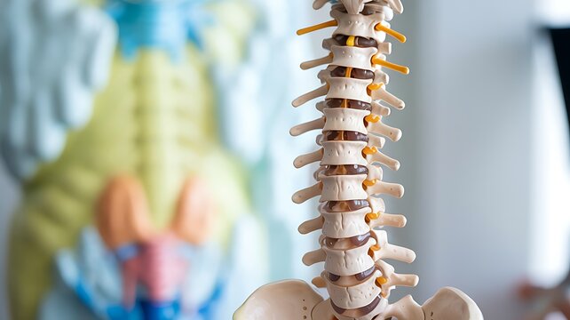 Close up of a detailed human spine anatomy model with blurred anatomical chart in the background representing skeletal system and medical education - Powered by Adobe